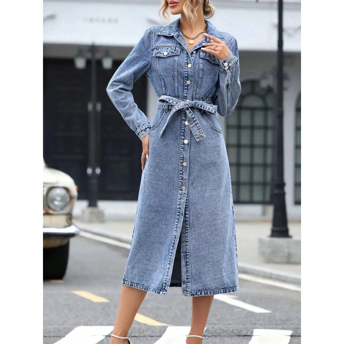 Belted Long Sleeve Denim Dress