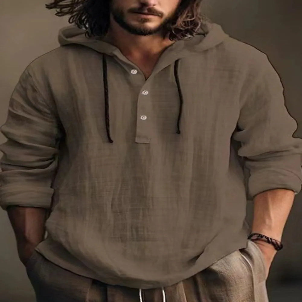 Men's Full Size Half Button Long Sleeve Hoodie - Ivory