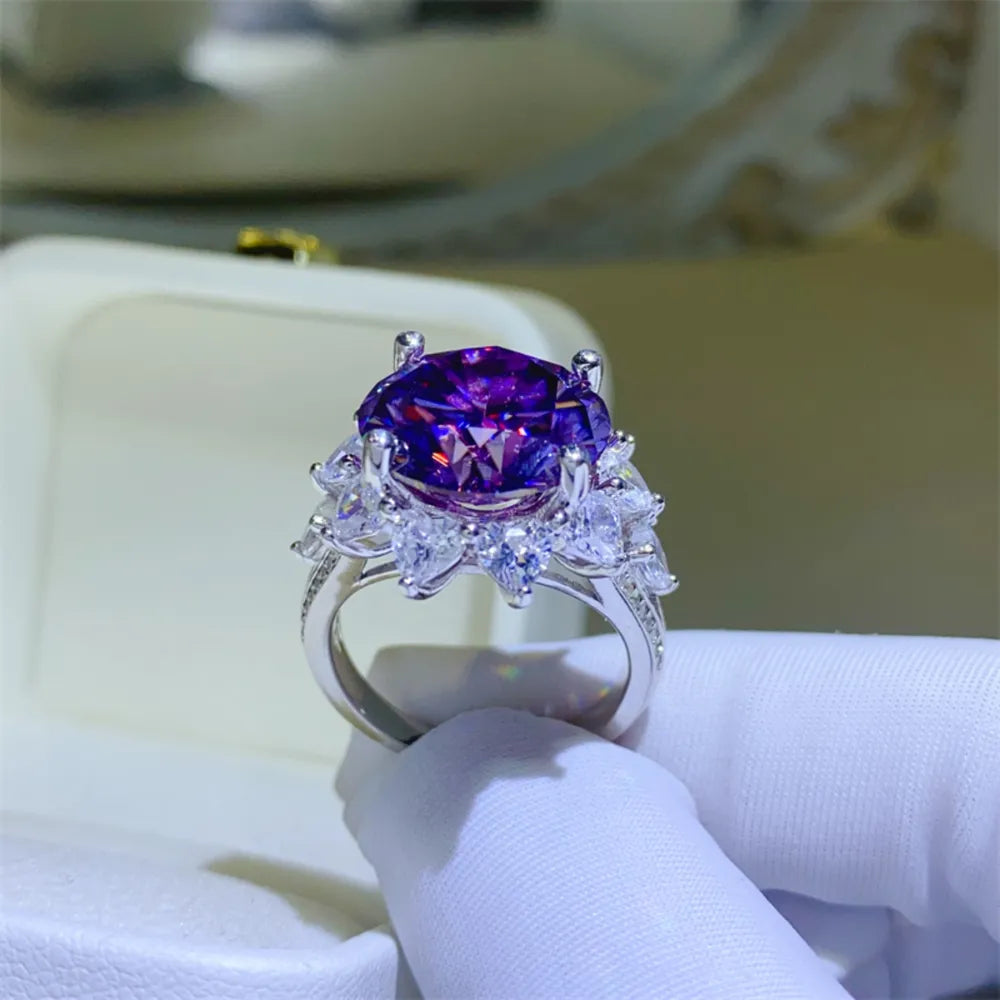 10 Carat Moissanite 925 Sterling Silver Flower Shape Ring - Deep Purple