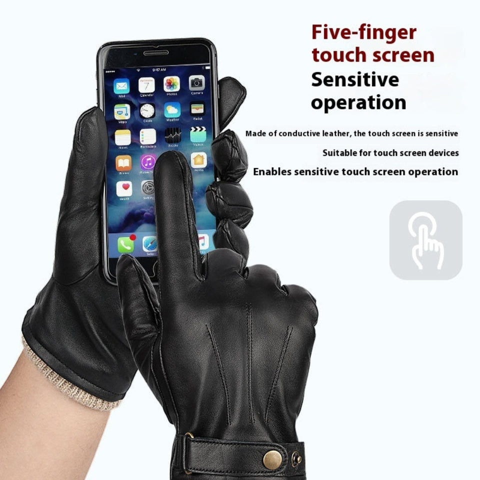 Men's black genuine leather winter gloves with fleece lining and touchscreen fingertips for winter warmth.