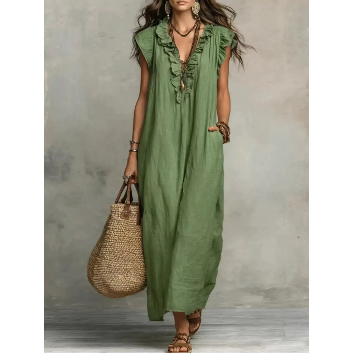 Full Size Ruffled V-Neck Cap Sleeve Maxi Dress Plus Size - Army Green