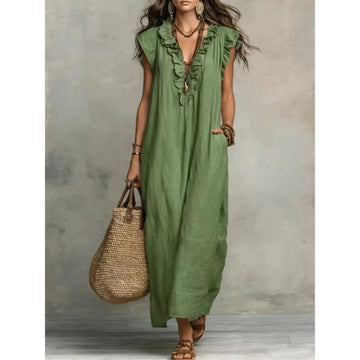 Full Size Ruffled V-Neck Cap Sleeve Maxi Dress Plus Size - Army Green
