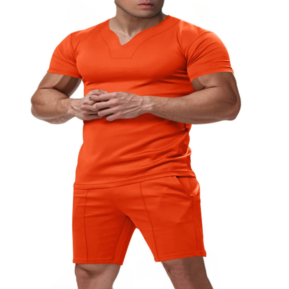 Men's Full Size V-Neck Short Sleeve T-Shirt and Shorts Set Plus Size - Orange