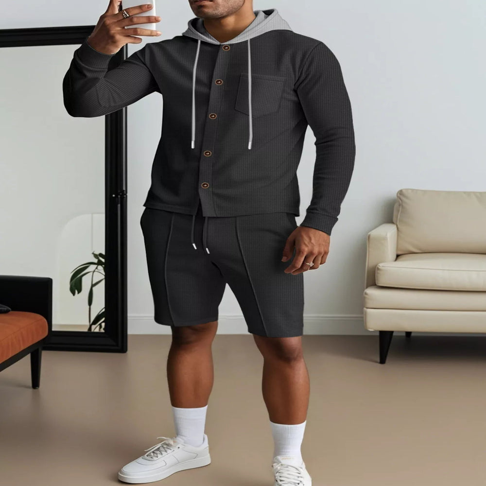 Men's Full Size Casual Hooded Button-Up Top and Shorts Set Plus Size - White