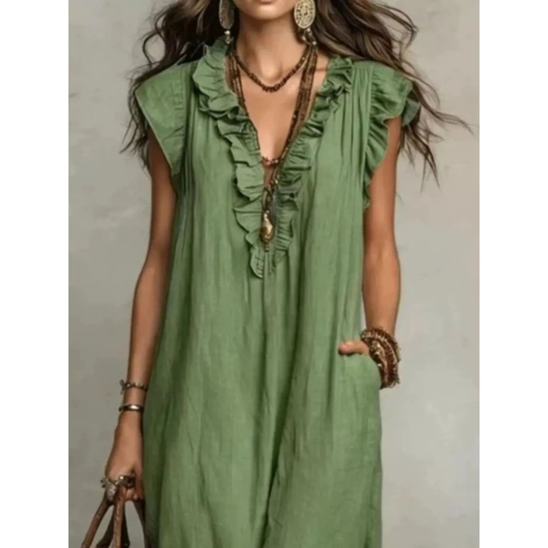 Full Size Ruffled V-Neck Cap Sleeve Maxi Dress Plus Size - Army Green