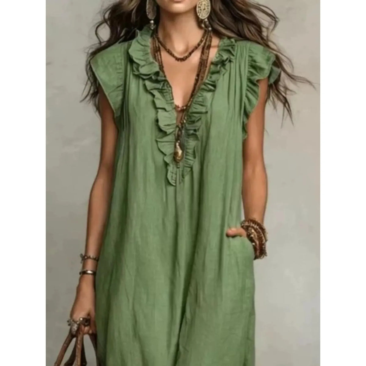 Full Size Ruffled V-Neck Cap Sleeve Maxi Dress Plus Size - Army Green