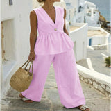 V-Neck Sleeveless Peplum Top and Wide-Leg Pants Set - Pink