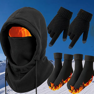 Warm winter gift set including matching hat, gloves, and cozy socks.
