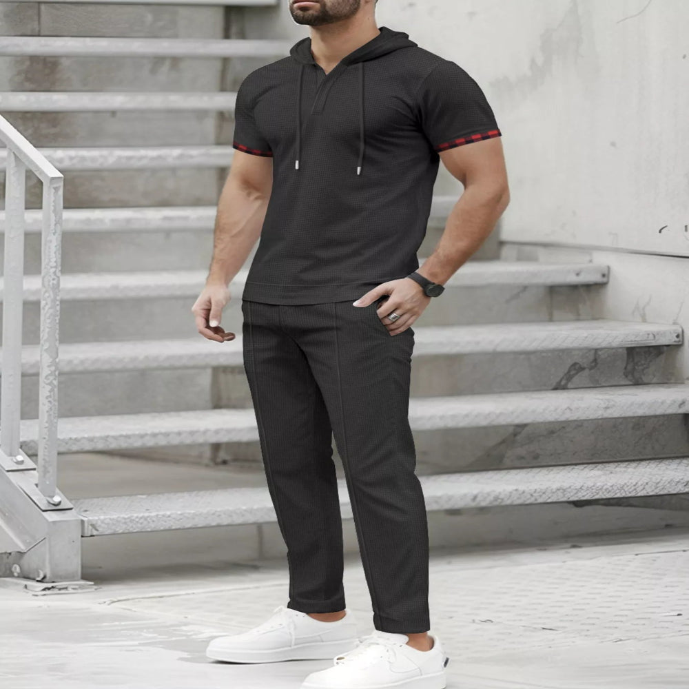 Men's Full Size Casual Short-Sleeve Hoodie and Pants Set Plus Size - Black
