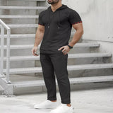 Men's Full Size Casual Short-Sleeve Hoodie and Pants Set Plus Size - Black
