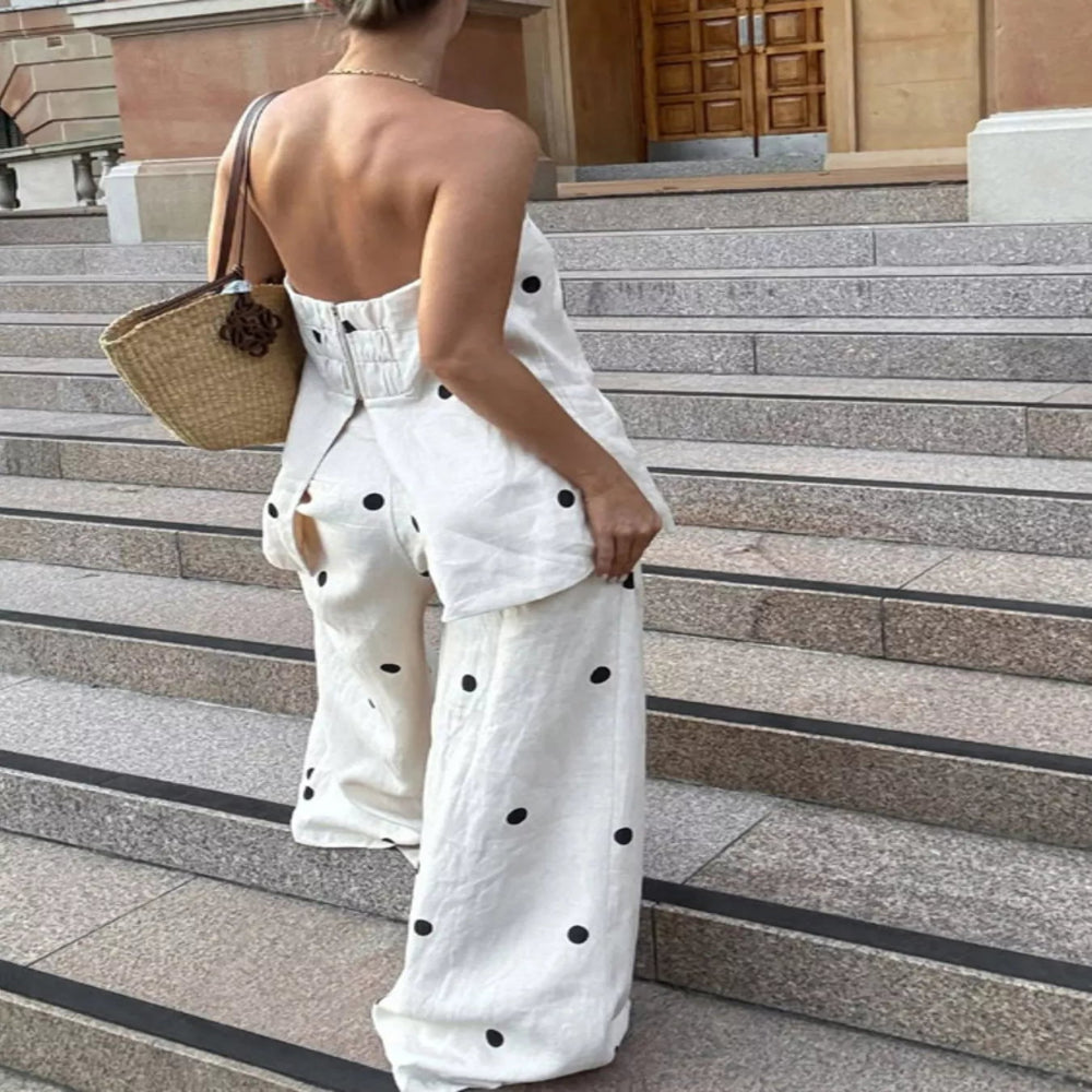 Polka Dot Tube Top and Pants Set - Beige