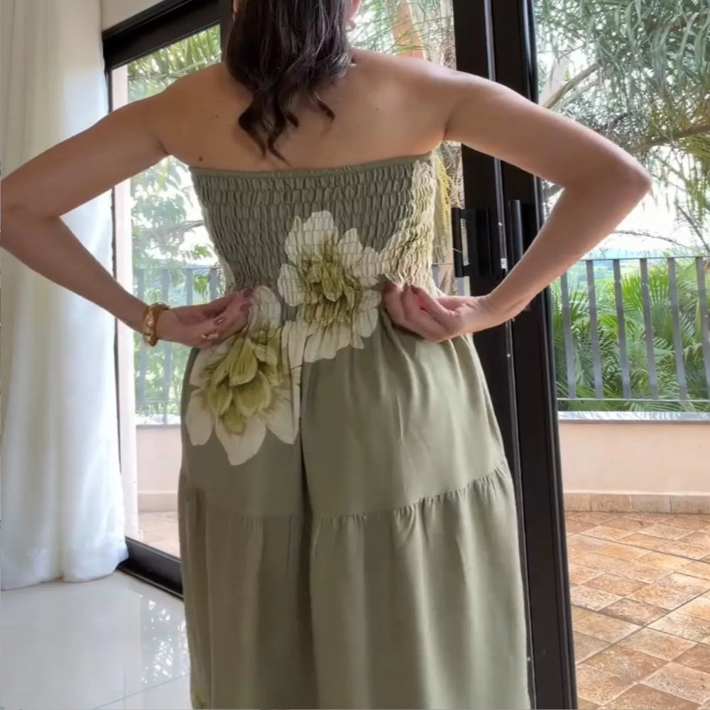 Floral Smocked Strapless Maxi Dress - Green