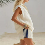 Full Size Zip Front Sleeveless Top and Striped Shorts Set Plus Size - Off-white