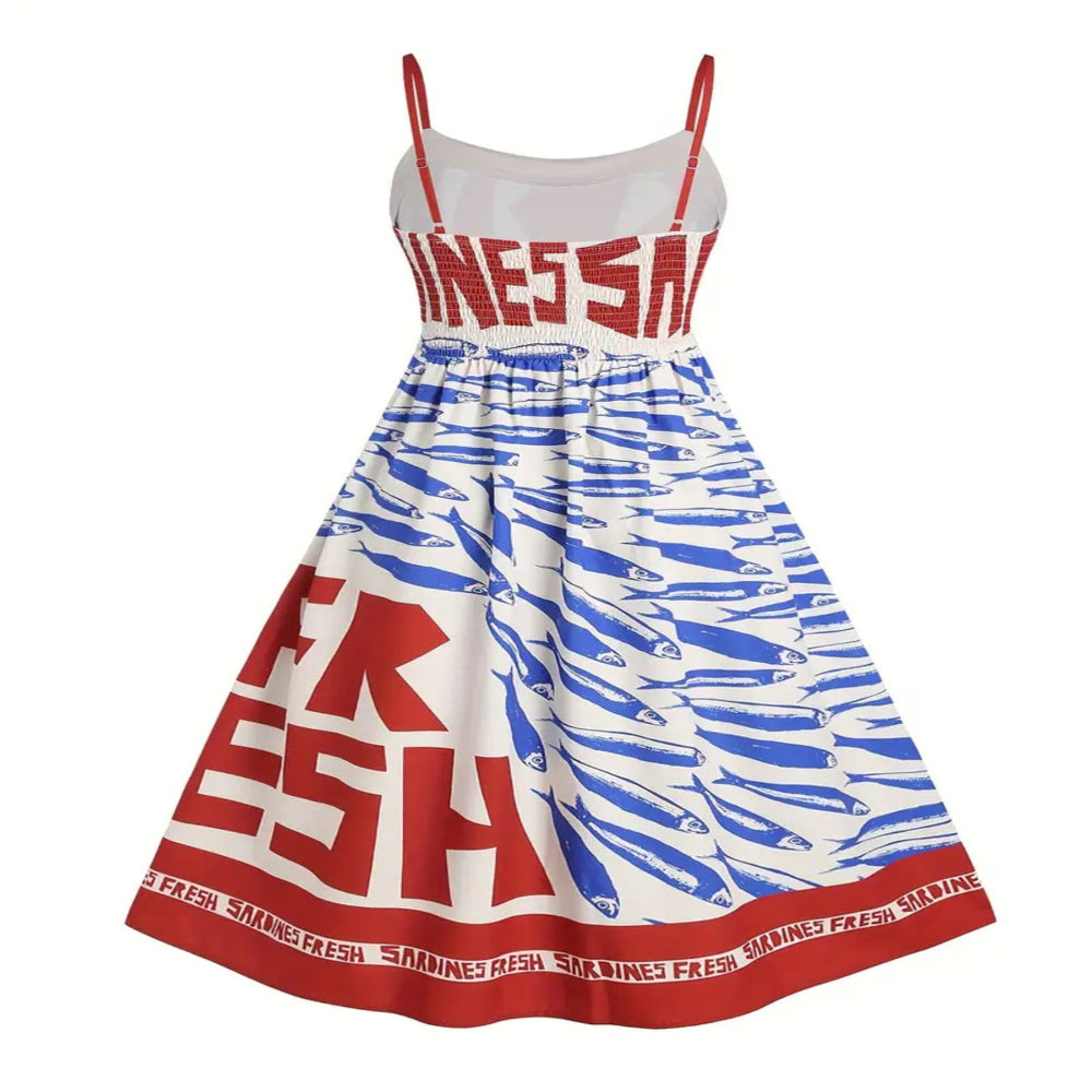 Sardine Print Spaghetti Strap Midi Dress - Rust