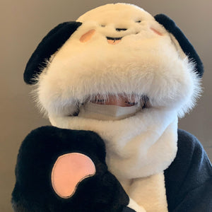 Cute puppy plush winter hood hat with attached scarf for women, soft fleece cold weather hood with adorable dog design.