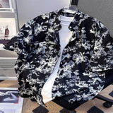 Men's Plus Size Printed Button Up Short Sleeve Shirt - Black