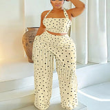 Polka Dot Halter Neck Cami and Fringe Trim Pants Set - Cream