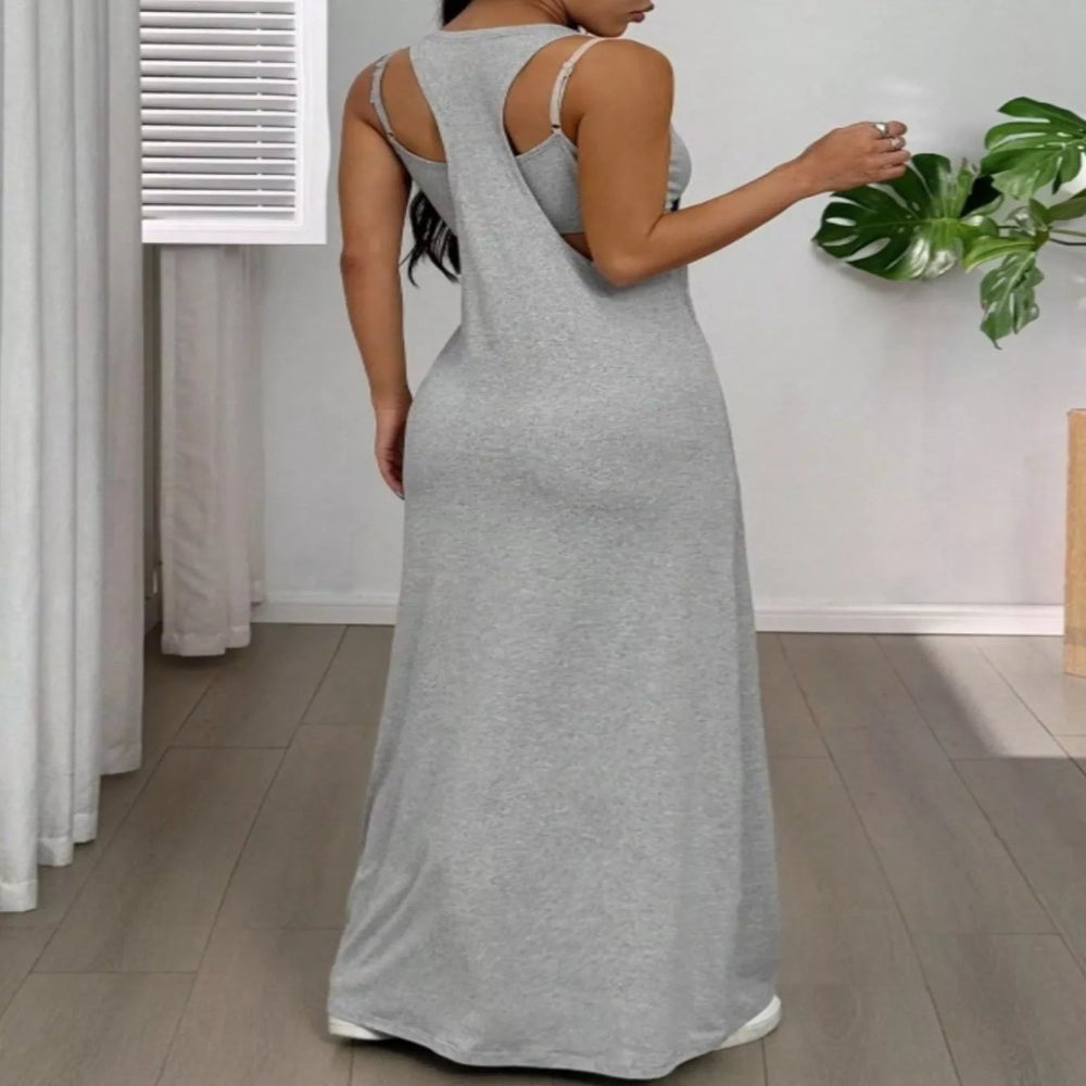 Scoop Neck Cami and Maxi Dress Set - Dark Gray
