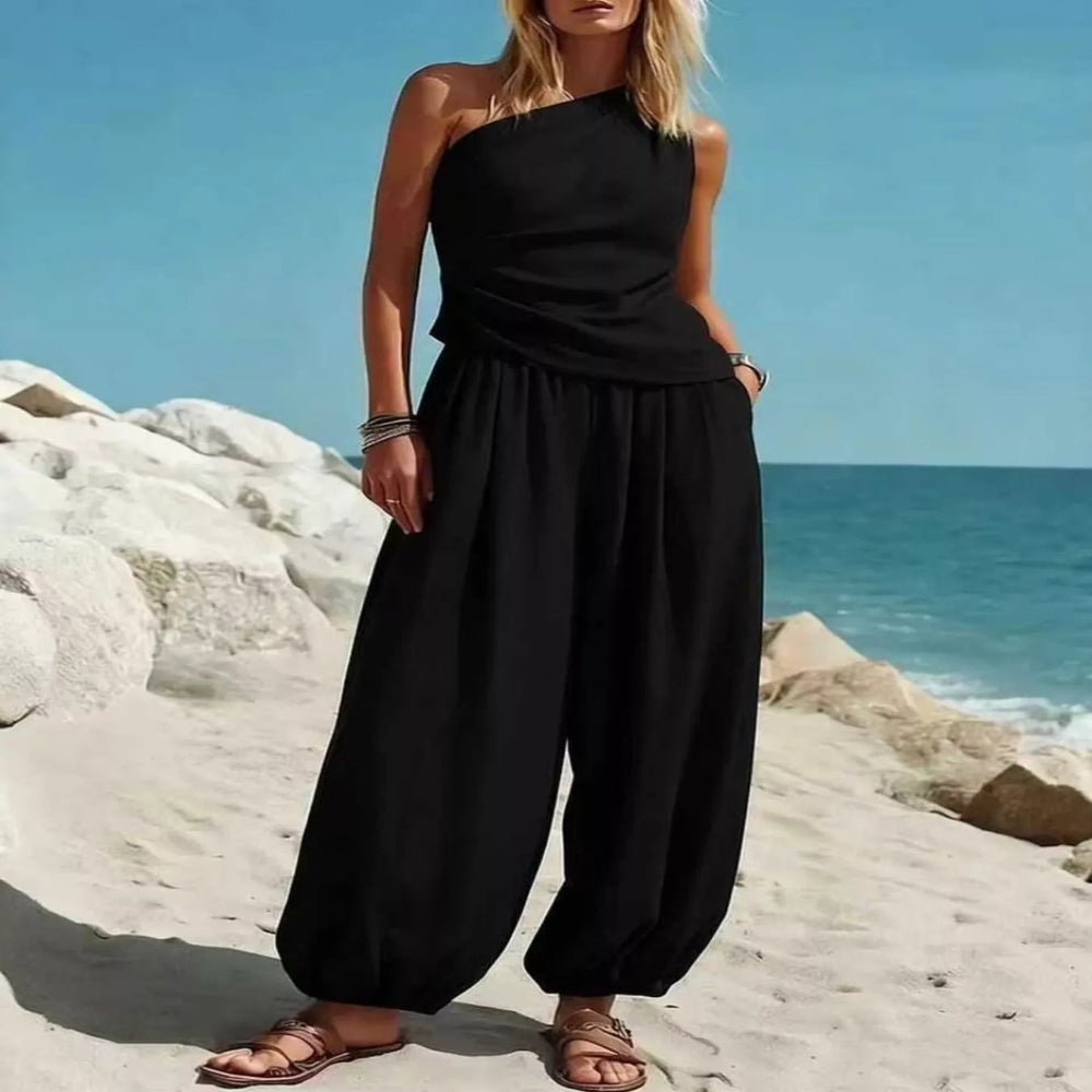 Full Size One-Shoulder Top and Wide-Leg Pants Set Plus Size - Light Blue