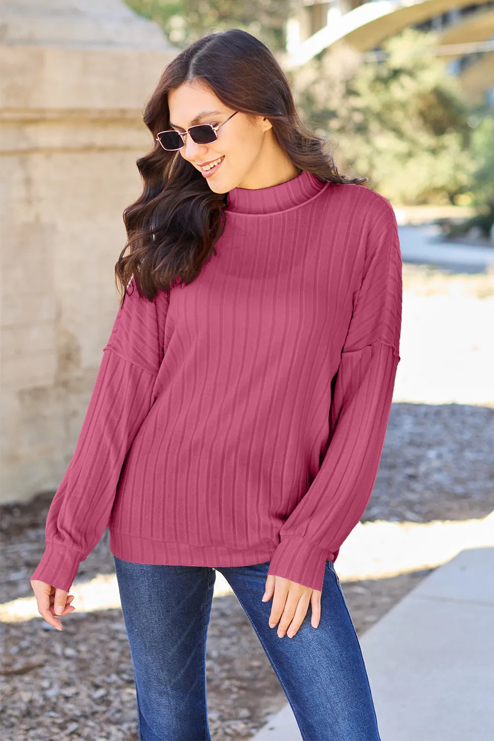 Basic Bae Full Size Ribbed Exposed Seam Mock Neck Knit Top - Rust