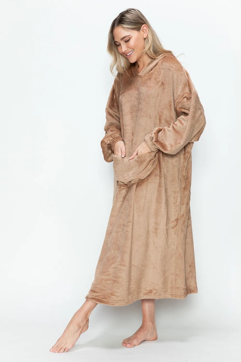 Double Take Full Size Pocketed Hooded Midi Lounge Dress - Pastel  Blue