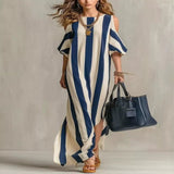 Striped Cold Shoulder Maxi Dress - Dark Blue