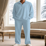 Men's Full Size Textured Long Sleeve Top and Pants Set Plus Size - Light Blue