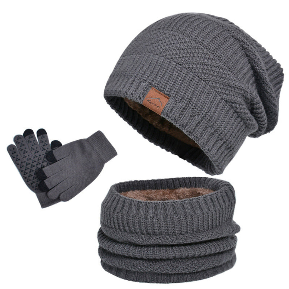 Winter fleece-lined knit hat, matching scarf, and gloves three-piece set in khaki for cold weather.
