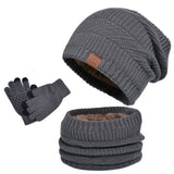 Winter fleece-lined knit hat, matching scarf, and gloves three-piece set in khaki for cold weather.