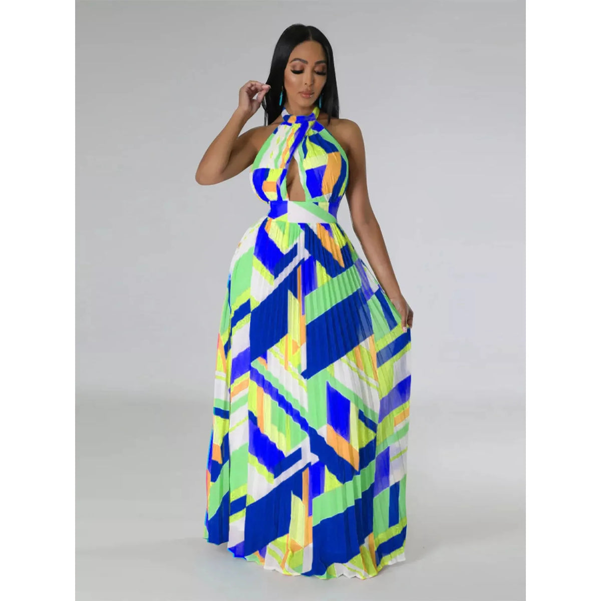 Halter Neck Geometric Print Pleated Maxi Dress - Blue