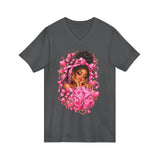 Pink Butterfly Girl V‑Neck Tee — Cute Afrocentric Illustration