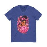 Pink Butterfly Girl V‑Neck Tee — Cute Afrocentric Illustration