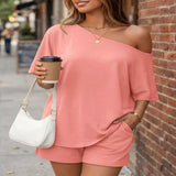 Full Size One Shoulder Top and Shorts Set Plus Size - Black