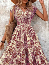 Full Size Printed V-Neck Tiered Maxi Dress Plus Size - Flower Green