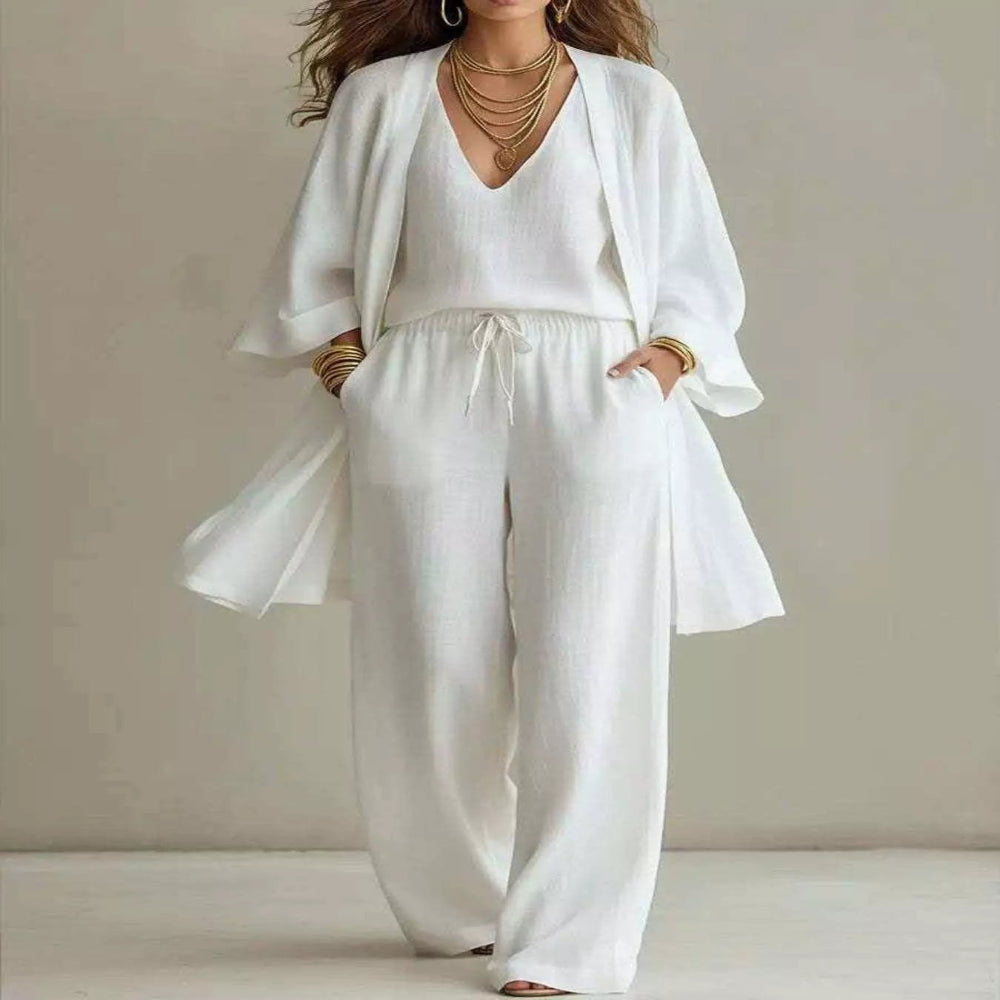 V-Neck Top & Cardigan & Pants Three-Piece Set - White