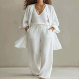 V-Neck Top & Cardigan & Pants Three-Piece Set - White