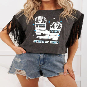 Women's State of Mind cowboy boots graphic T-shirt for casual everyday wear.