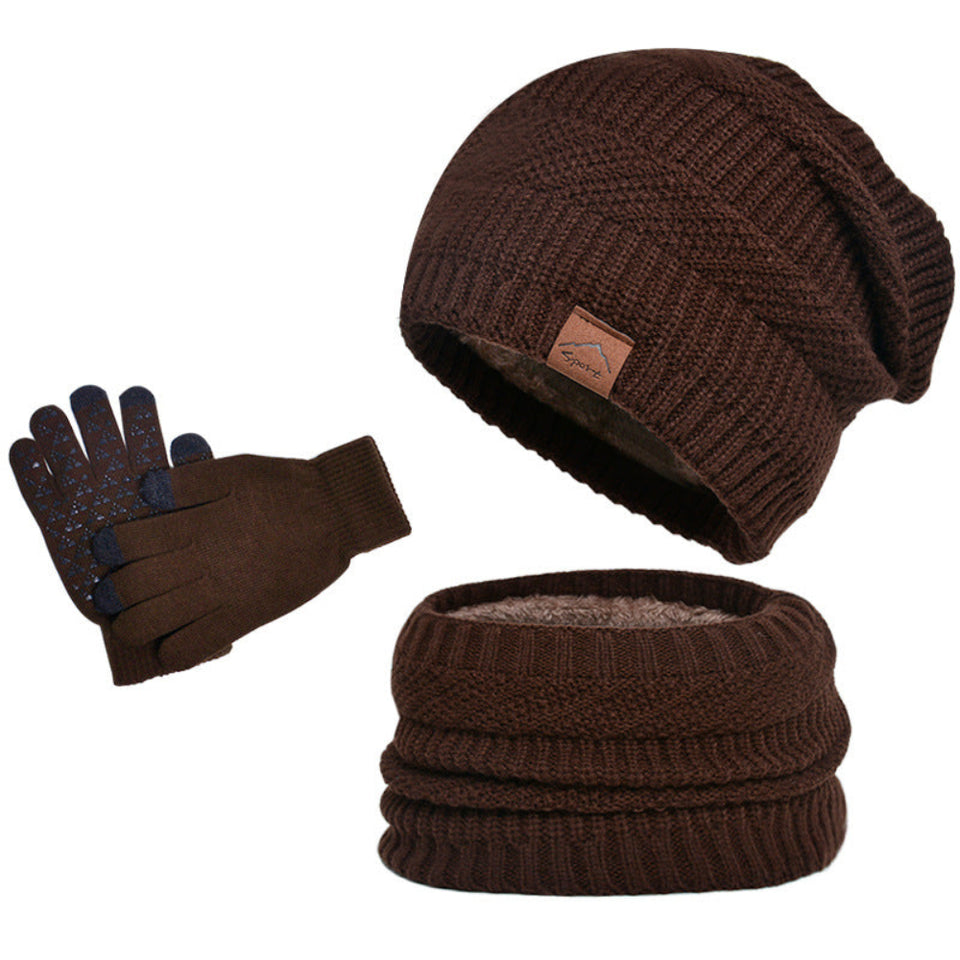 Winter fleece-lined knit hat, matching scarf, and gloves three-piece set in khaki for cold weather.