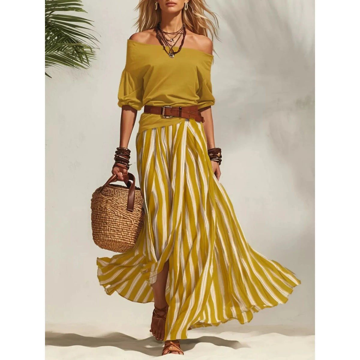 Off Shoulder Top and Striped Maxi Skirt Set - Green