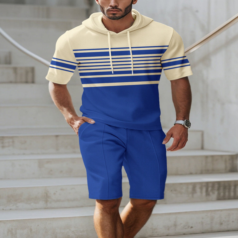 Men's Full Size Striped Short Sleeve Hoodie and Shorts Set Plus Size - Black