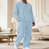 Men's Full Size Textured Long Sleeve Top and Pants Set Plus Size - Light Blue