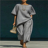 Contrast Trim Round Neck Top and Pants Set - Sky Blue