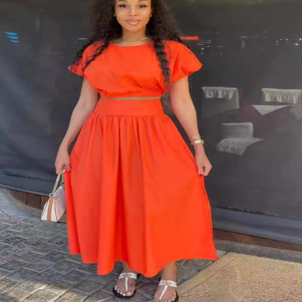 Short Sleeve Crop Top and Skirt Set - Orange Red