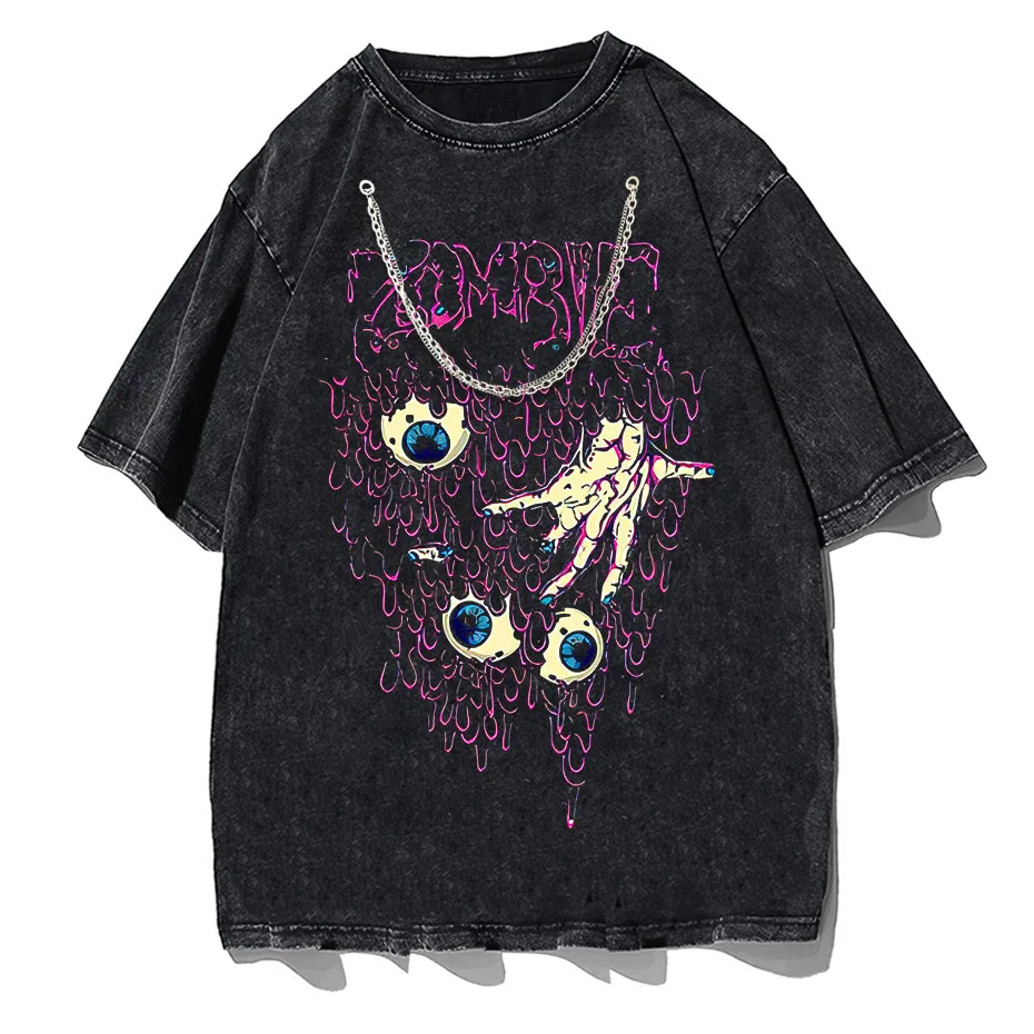 Zombie Horror Gothic Washed Cotton Oversized T-Shirt - long retro