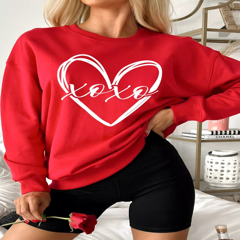XOXO Valentine's Heart Sketch Printed Pullover Sweatshirt - Scarlet