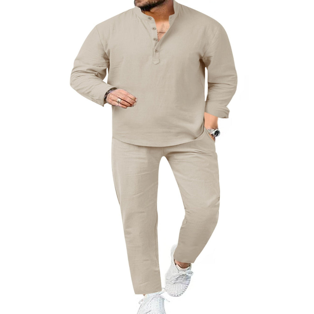 Men's Full Size Casual Long Sleeve Shirt and Pants Set Plus Size - Army Green