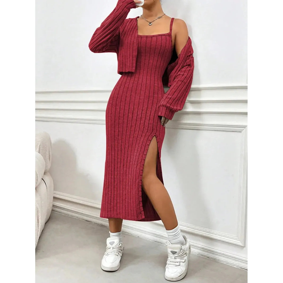 Ribbed Long Sleeve Cropped Cardigan and Slit Cami Dress Set - Orange-Red