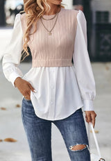 Wavy Stripes Stitching Fashion Temperament Blouse - Khaki