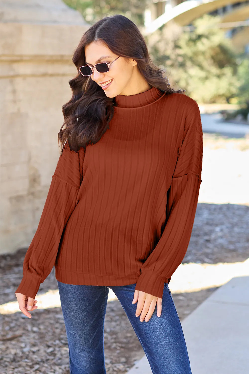 Basic Bae Full Size Ribbed Exposed Seam Mock Neck Knit Top - Turquoise