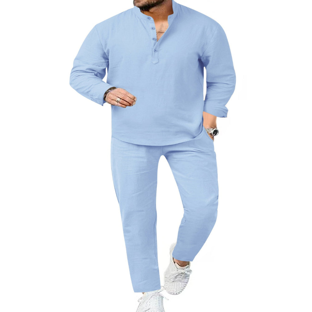 Men's Full Size Casual Long Sleeve Shirt and Pants Set Plus Size - Black